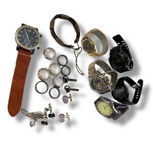 Assorted lot men’s jewelry watches rings cufflinks brown silver
